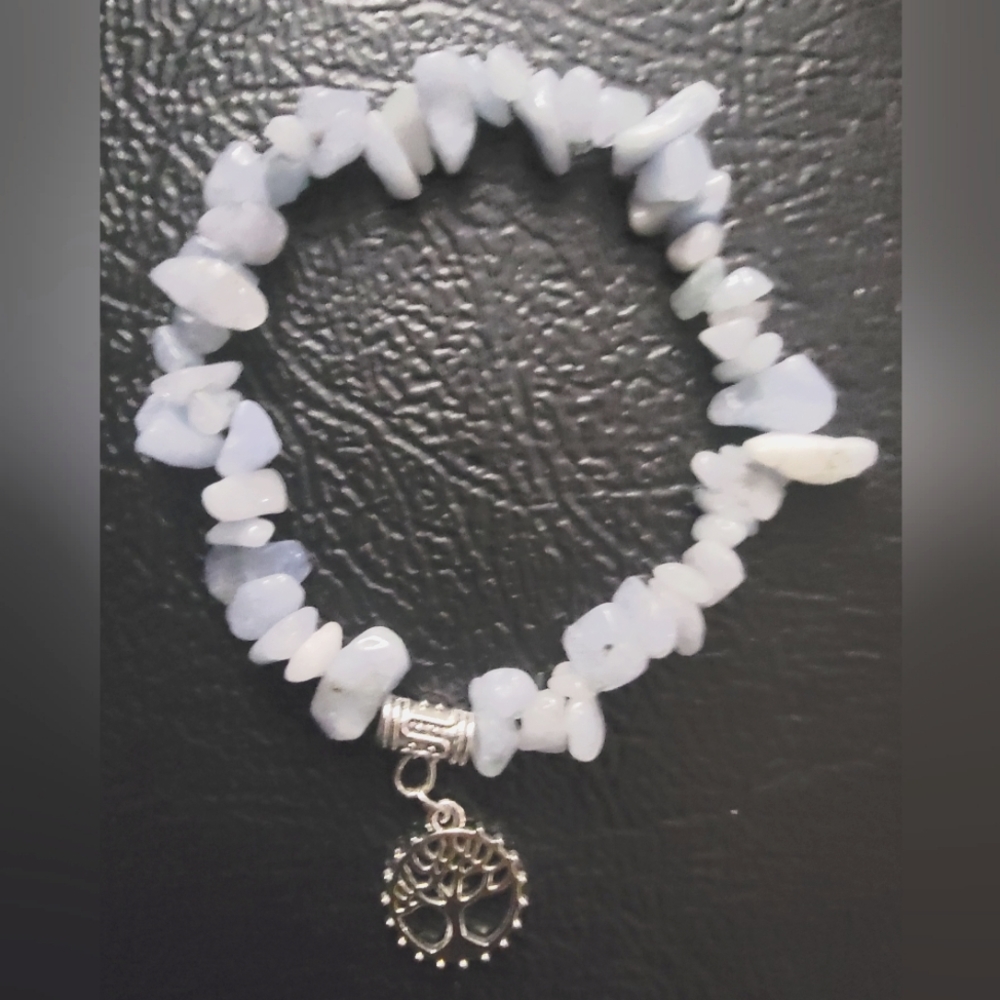 Genuine Crystal Aquamarine Chips and Tree Of Life Bracelet